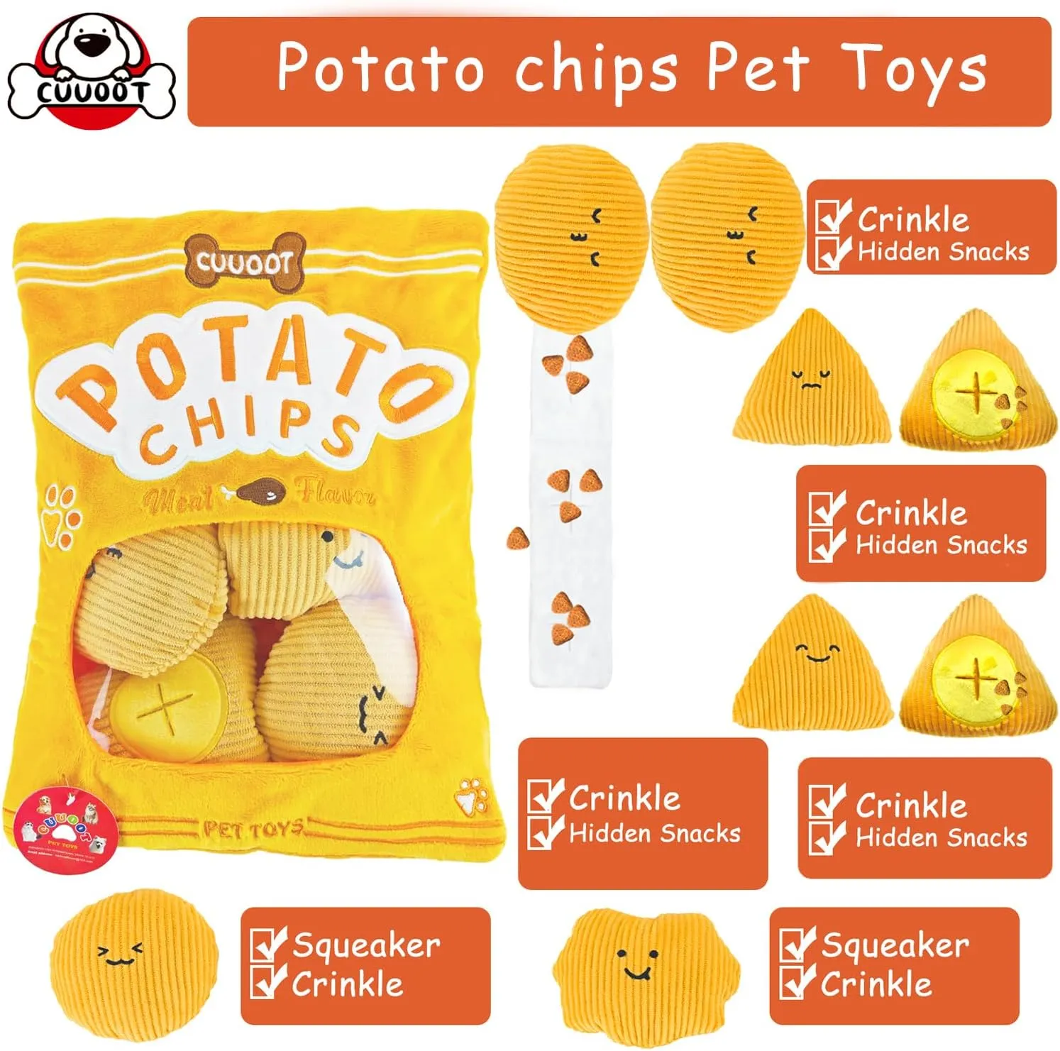 Treat Dispensing Dog Toys, Crinkle Squeaky Interactive Dog Toys, Enrichment Treat Puzzle Dog Toys for Medium, and Large Dogs (Potato Chips)