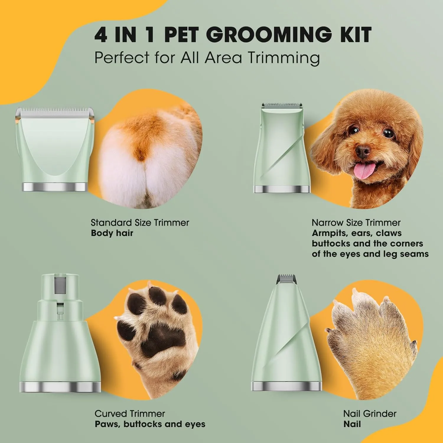Upgrade Dog Grooming Kit, Cordless Dog Paw Trimmer, 4 in 1 Low Noise Pets Hair Clipper Grooming Kit, 2-Speed Nail Grinder with Stainless Steel Blade for Small Pet with Thick Coats (Green)