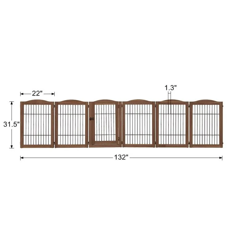 Walnut Free Standing Pet Gate as Panels Extra Wide Gate, Z/U Shape Stairs Barrier, Solid Structure Playpen with a Lockable Door